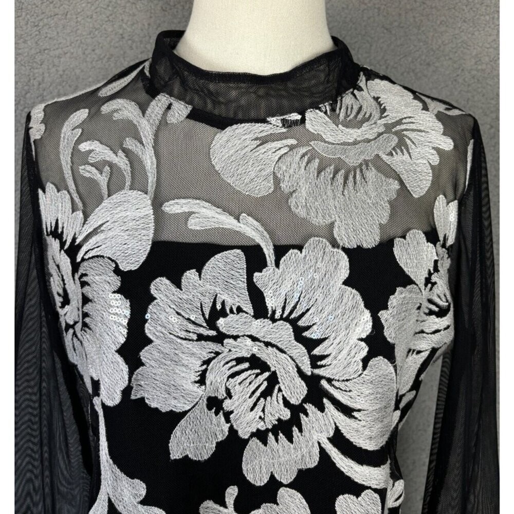 Floral Embroidered Black Mesh Top With Sheer Long Sleeves & Keyhole Back Detail - Picture 2 of 6